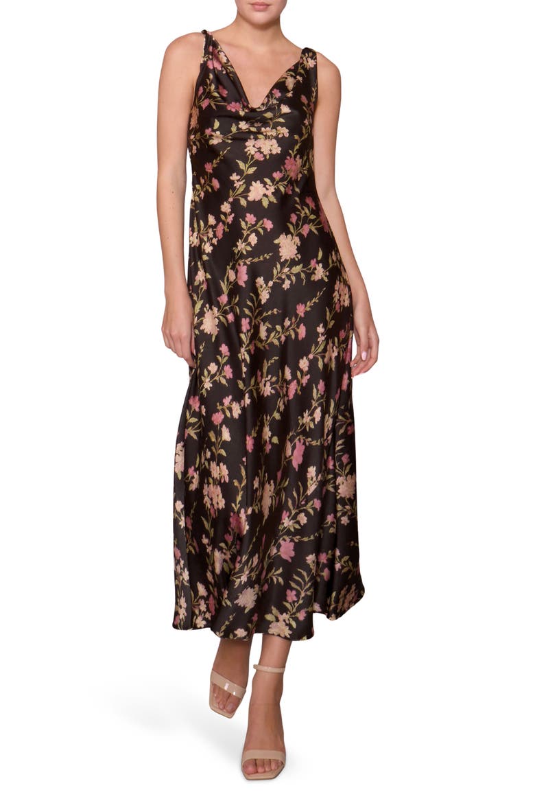 Print Satin Dress, Main, color, BLACK/ MULTI FLORAL