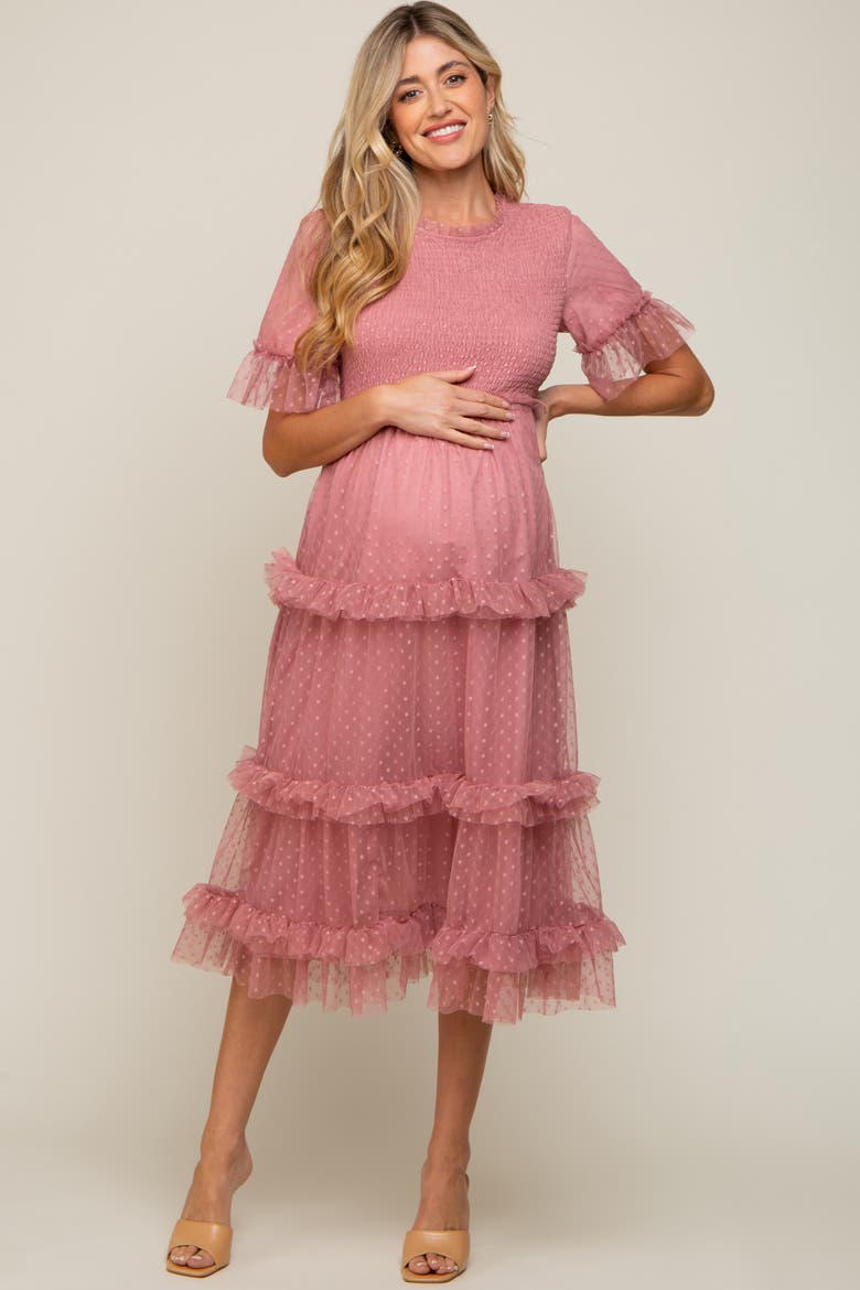 Polka Dot Tulle Smocked Midi Dress, Main, color, Pink
