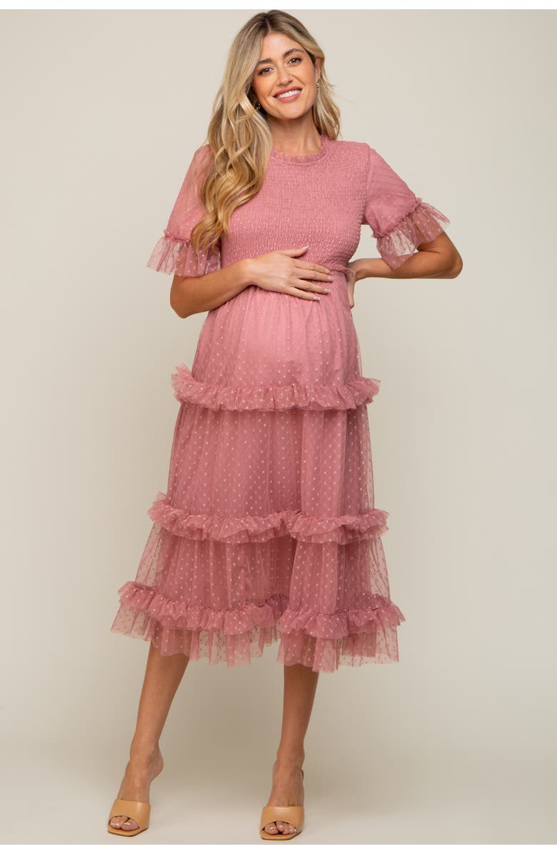 PinkBlush Polka Dot Tulle Smocked Midi Dress, Main, color,