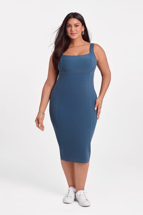 Sculpting Shapewear Denim Square Neck Tank Midi Dress