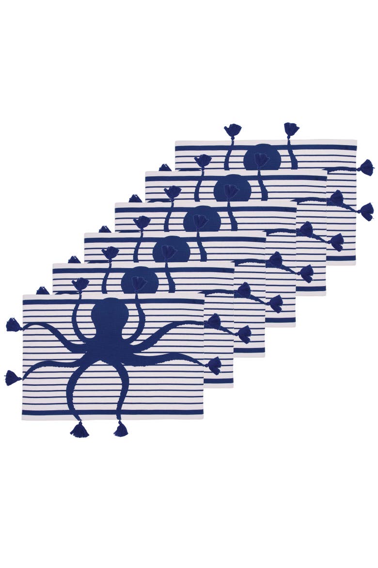 Indigo Octopus Stripes and Tassels Placemats Set of 6, Main, color, Blue