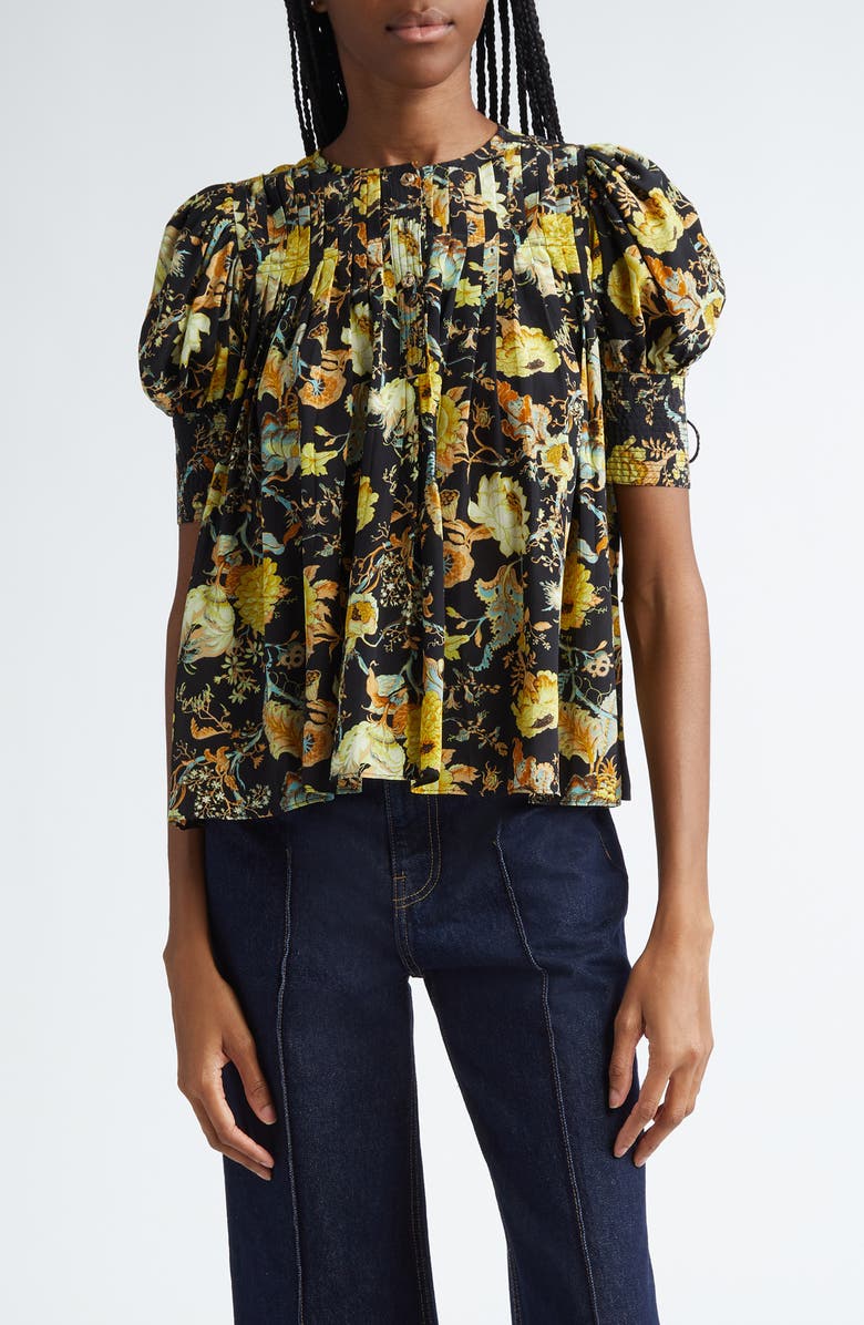 Ulla Johnson Marion Floral Pintuck Silk Trapeze Top, Main, color, 