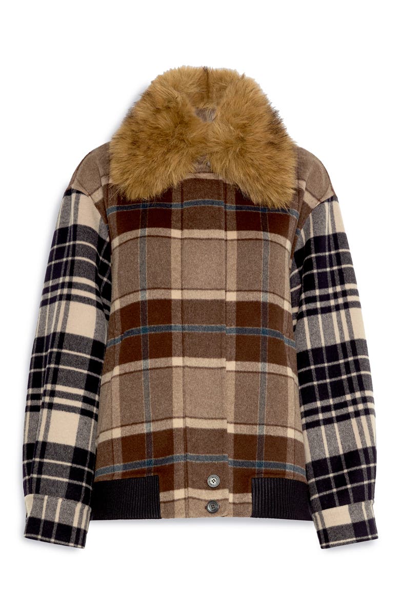 Divina Virgin Wool Short Jacket with Faux Fur Collar, Alternate, color, BROWN