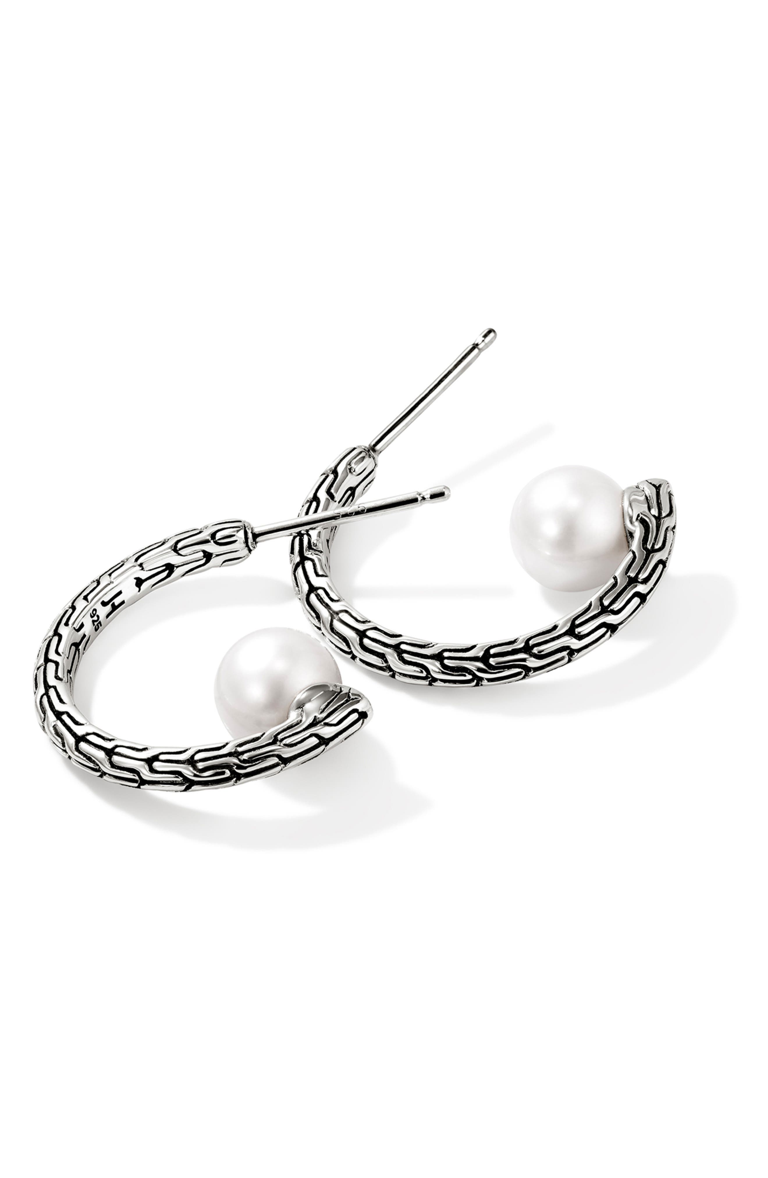John Hardy JH Essential Pearl Hoop Earrings, Sterling Silver, 21mm in Silver/pearl 