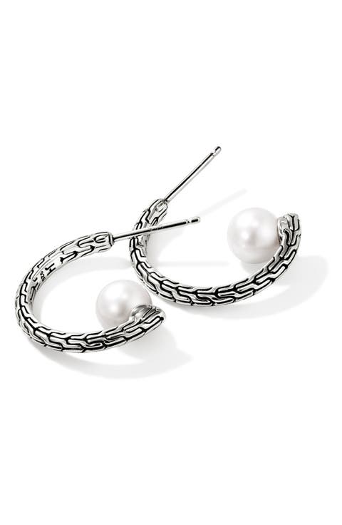 JH Essentials Pearl Hoop Earrings, Sterling Silver, 20mm