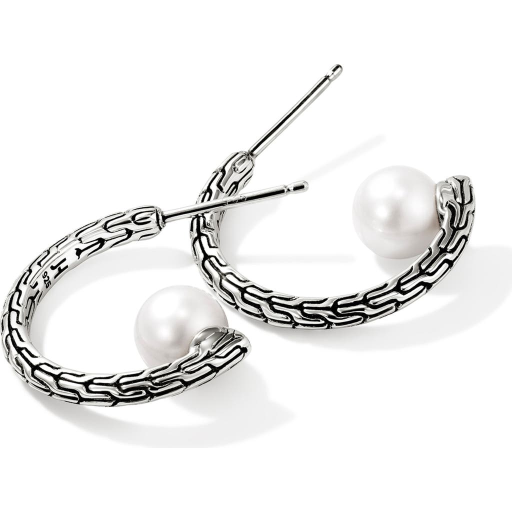 John Hardy JH Essential Pearl Hoop Earrings, Sterling Silver, 21mm in Silver/pearl