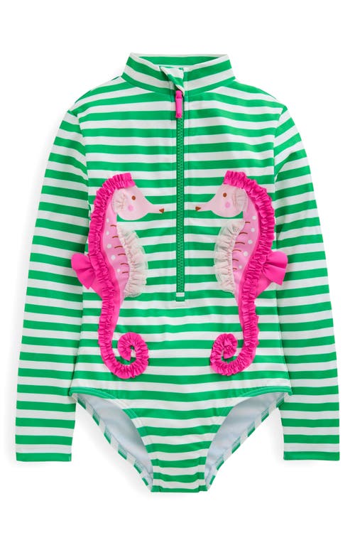 Shop Mini Boden Kids' Stripe Long Sleeve One-piece Rashguard Swimsuit In Green Seahorse
