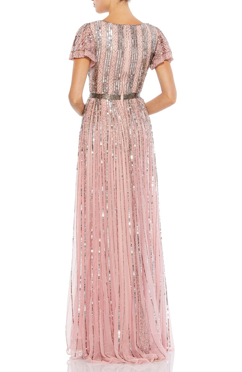 Mac Duggal Stripe Sequin V-Neck Gown, Alternate, color, Rose