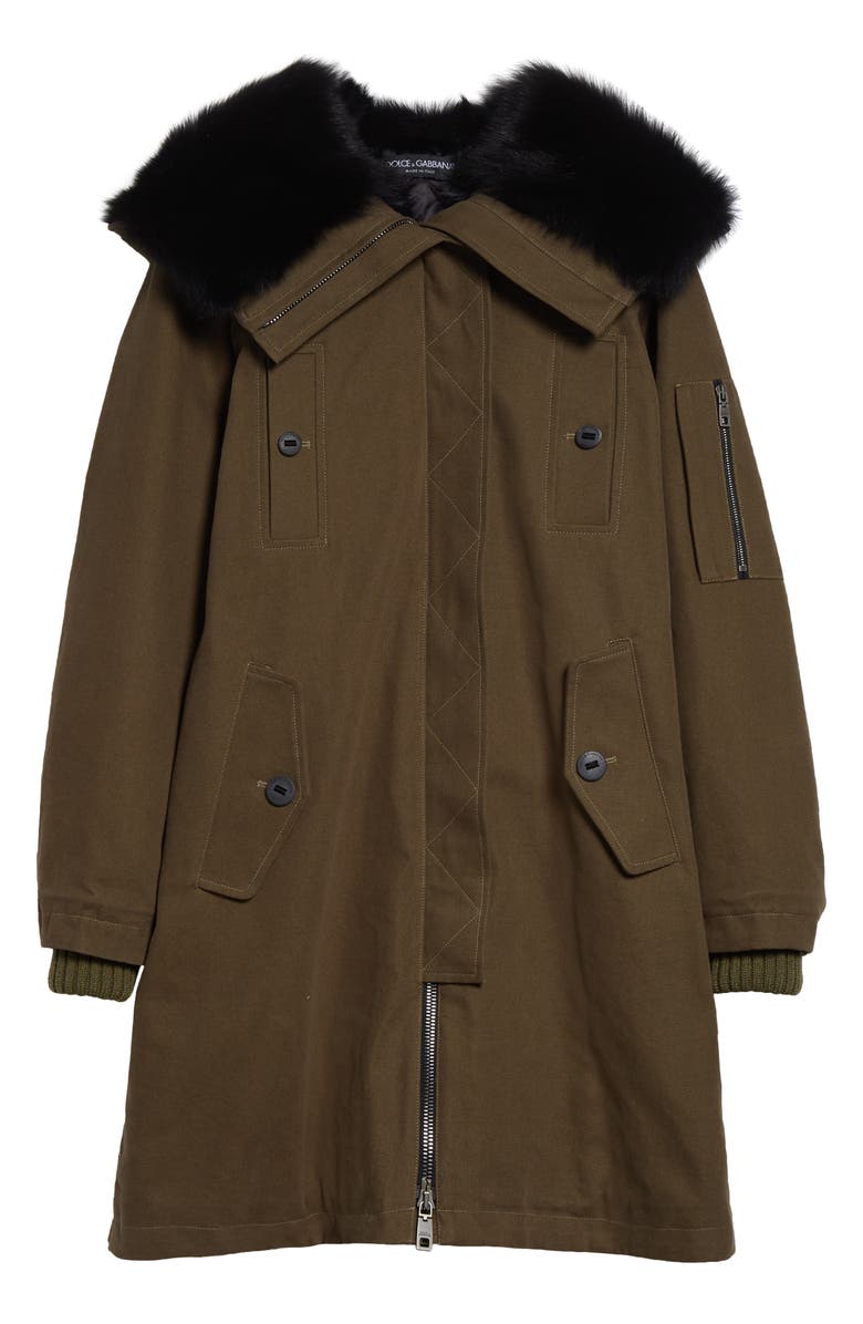 Dolce&Gabbana Genuine Shearling Trim Cotton Parka, Main, color, Verde Marcio
