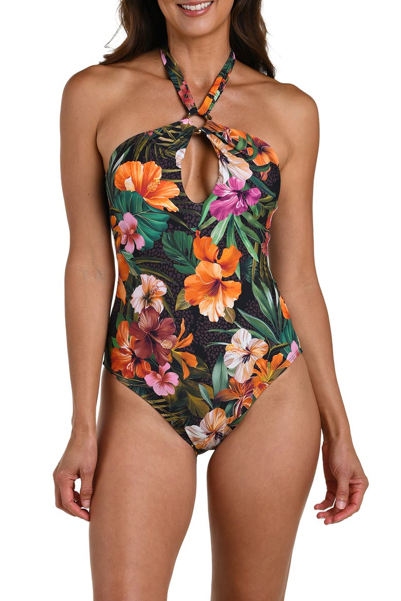 Tropical Hideaway Keyhole One-Piece Swimsuit, Main, color, BROWN MULTI