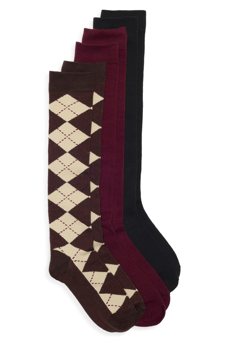 3-Pack Assorted Knee High Socks, Main, color, BROWN MULTI