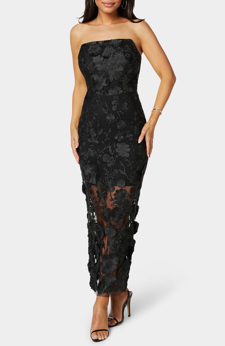 bebe Strapless 3D Floral Lace Maxi Dress, Main, color, Black