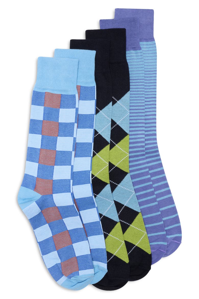 3-Pack Check Argyle Dress Socks, Main, color, LIGHT BLUE