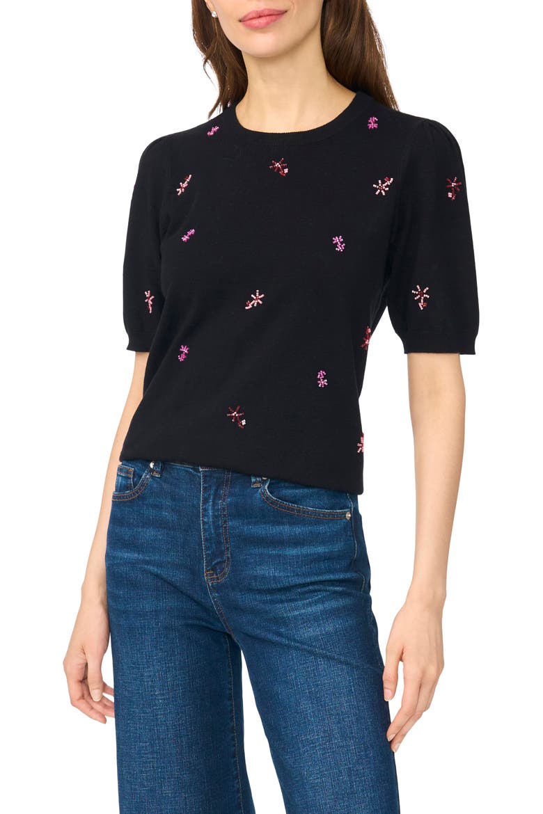 Beaded Short Sleeve Crewneck Sweater, Main, color, RICH BLACK