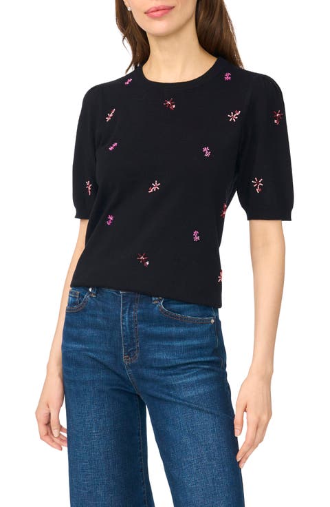 Beaded Short Sleeve Crewneck Sweater