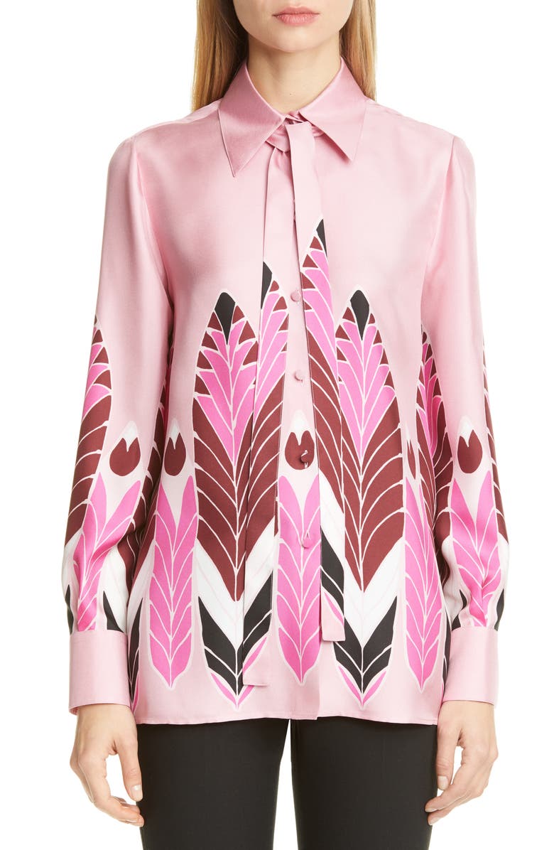 Valentino Feather Print Silk Crêpe de Chine Blouse, Main, color, 