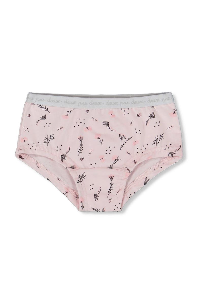 Deux par Deux Girl's Printed Organic Cotton Boyshort Panty Small Pink Flowers On Pale Pink Background, Alternate, color,