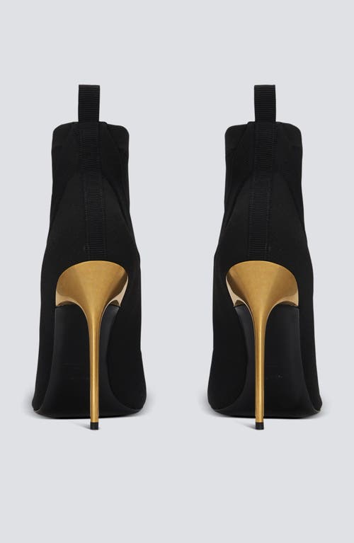 Balmain Black Stretch Knit Ankle Boots With Gold Lacquered Stiletto Heel In Black