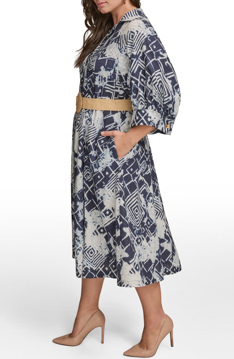 DONNA KARAN Belted Linen Blend Midi Dress, Alternate, color, Ink Multi