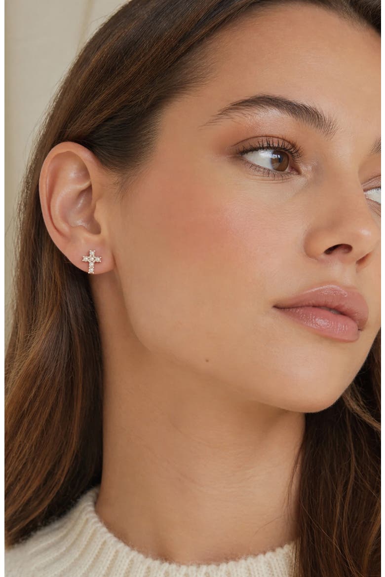 Freshwater Pearl Cross Stud Earrings, Alternate, color, WHITE/ SILVER PLATED