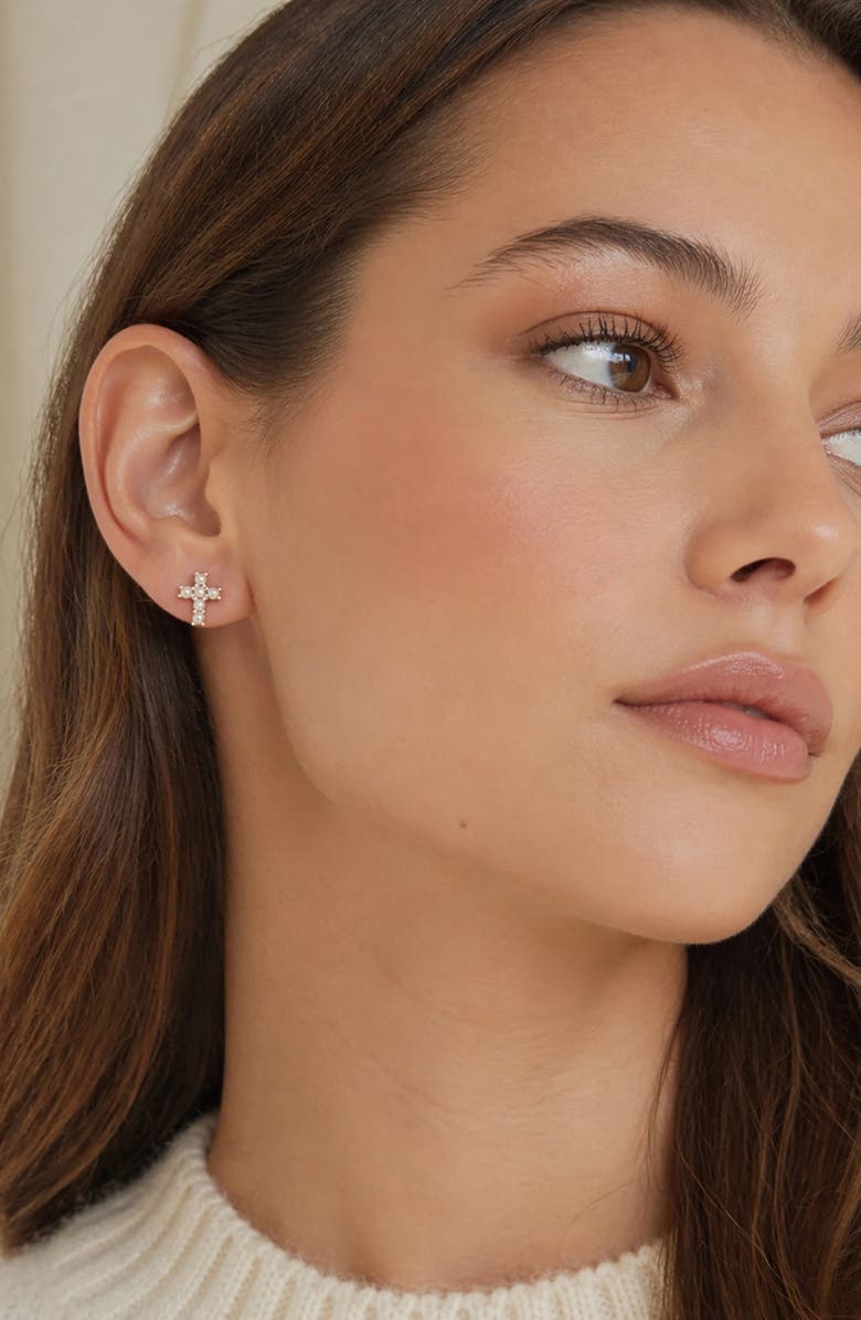 BEST SILVER Freshwater Pearl Cross Stud Earrings, Alternate, color, White/ Silver Plated