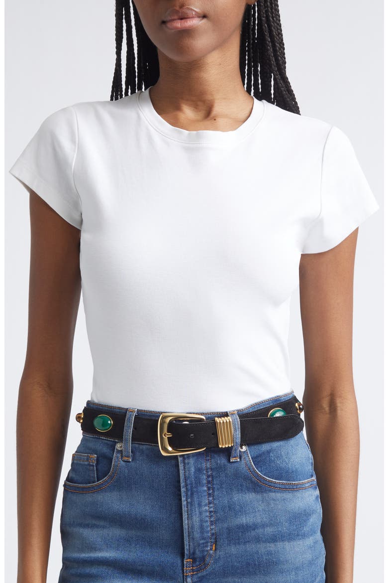 Stone Embellished Leather Arc Belt, Alternate, color, BLACK