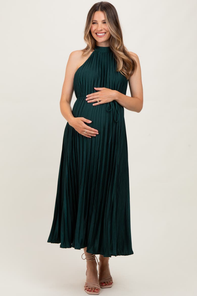 Pleated Halter Dress, Alternate, color, Forest Green