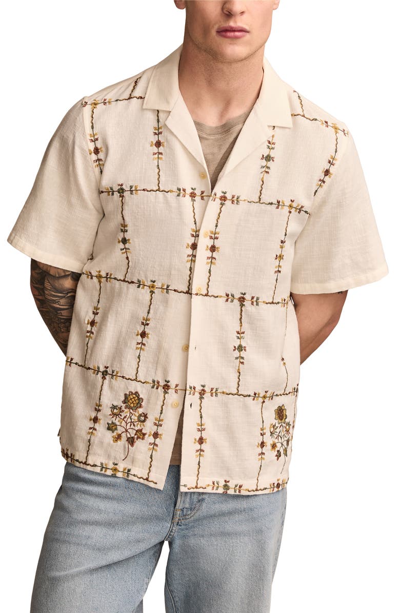 Lucky Brand Floral Embroidered Slub Cotton Camp Shirt, Main, color, 