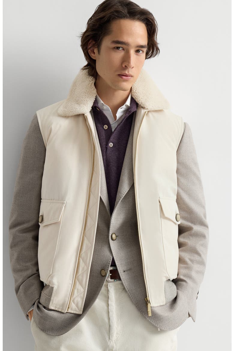 Waxed techno cotton down vest with detachable shearling collar, Alternate, color, Stone Grey