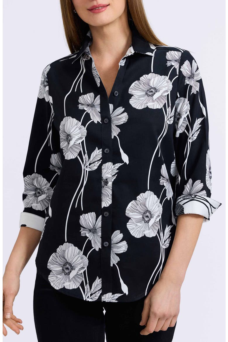 Marina Poppy Print Cotton Button-Up Shirt, Main, color, BLACK/ WHITE