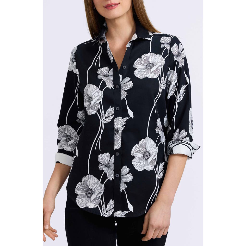 Foxcroft Agnes Poppy Print Three-quarter Sleeve Popover Top