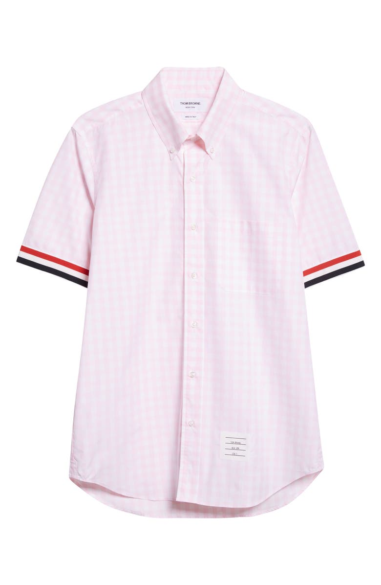 Thom Browne Straight Fit Gingham Plaid Short Sleeve Cotton Button-Down Shirt, Alternate, color, Light Pink