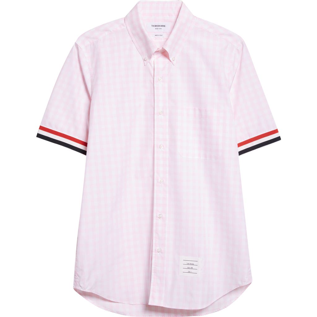 Thom Browne Straight Fit Gingham Plaid Short Sleeve Cotton Button-down Shirt In Pink