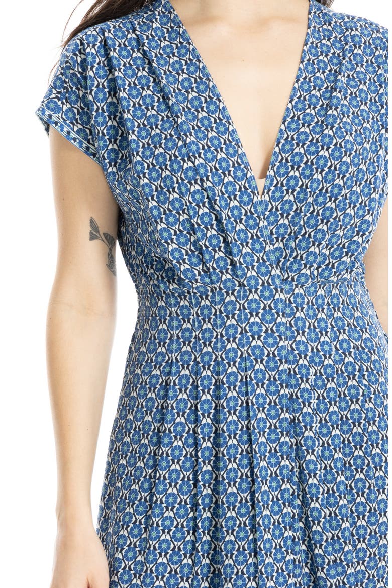 Surplice Neck Pleated Midi Dress, Alternate, color, CREAM/ BLUE DAISY BARS
