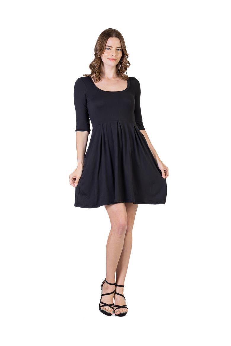 Three Quarter Sleeve Fit and Flare Mini Dress, Main, color, Black