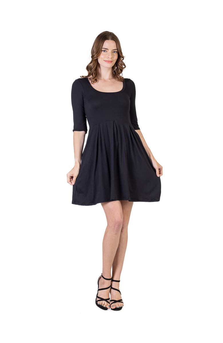 24seven Comfort Apparel Three Quarter Sleeve Fit and Flare Mini Dress, Main, color, Black