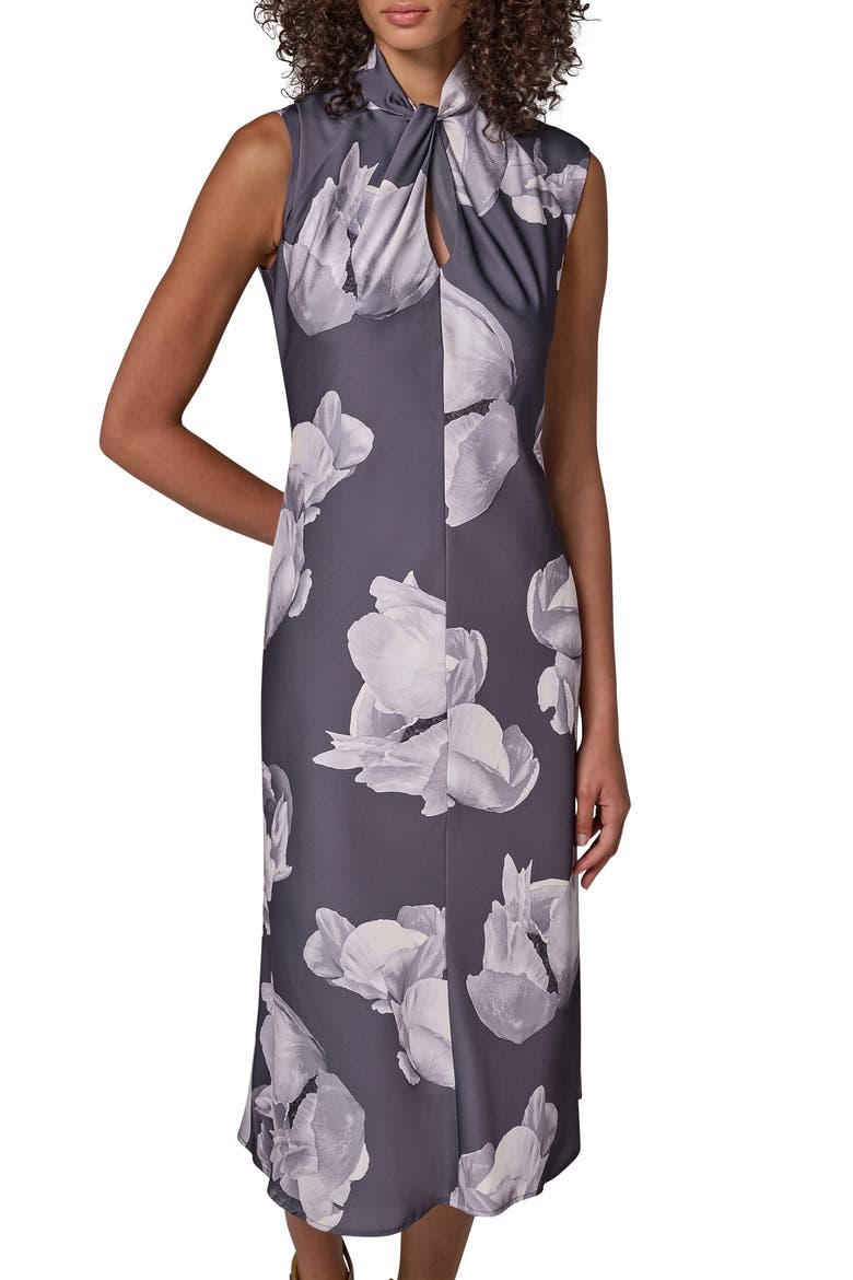 Twist Neck Midi Dress, Alternate, color, CHAR MULTI