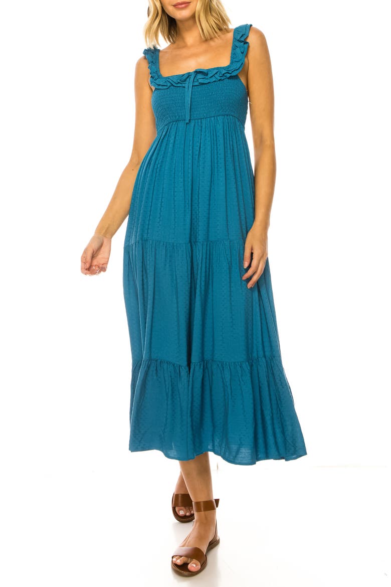 Ruffle Trim Swiss Dot Tiered Midi Dress, Main, color, FADED DENIM