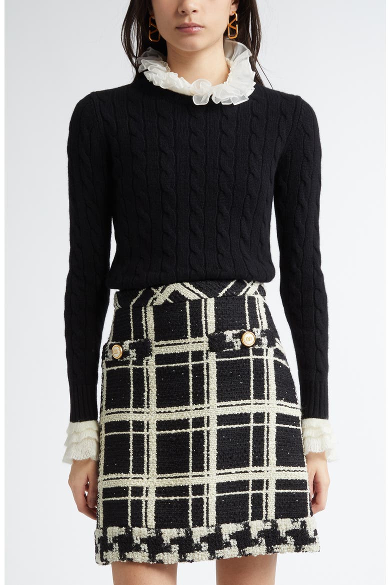 Ruffle Cuff Cable Cashmere Sweater, Main, color, IVORY/ BLACK