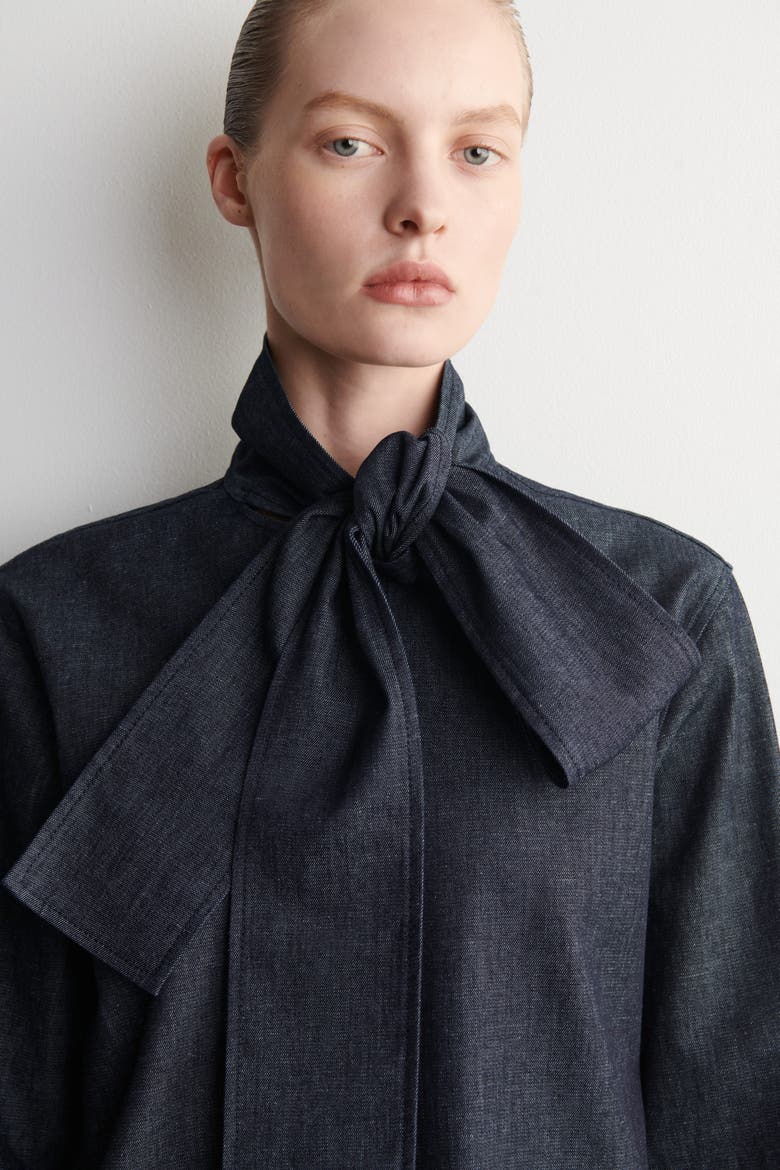 Bow-Detail Denim Shirt, Alternate, color, INDIGO