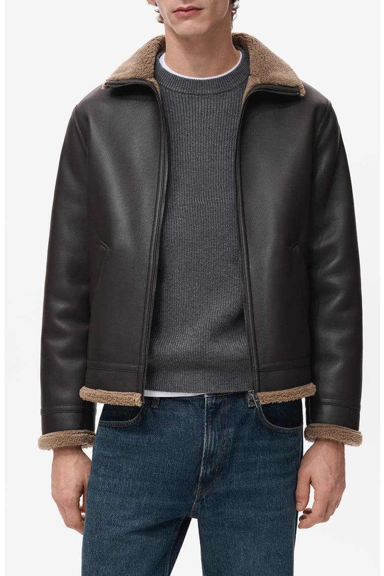 Fleece Lined Faux Leather Bomber Jacket, Main, color, CHOCOLATE
