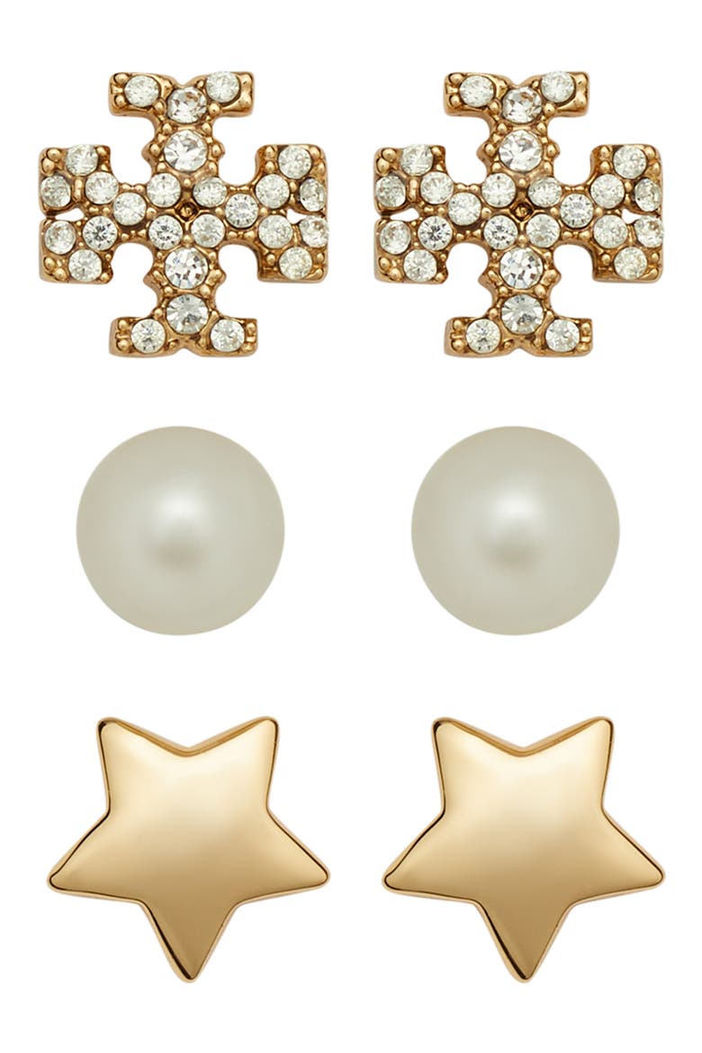 Kira Set of 3 Stud Earrings, Main, color, TORY GOLD / CRYSTAL / PEARL