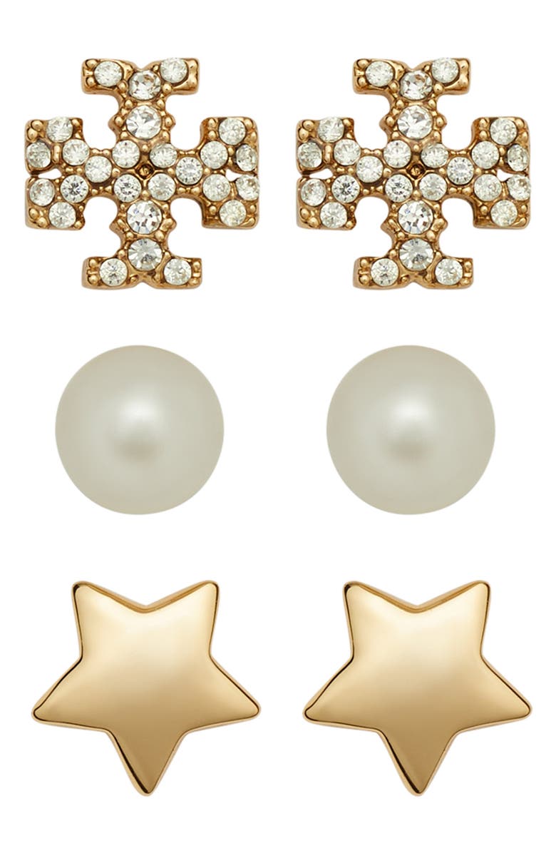 Tory Burch Kira Set of 3 Stud Earrings, Main, color, Tory Gold / Crystal / Pearl