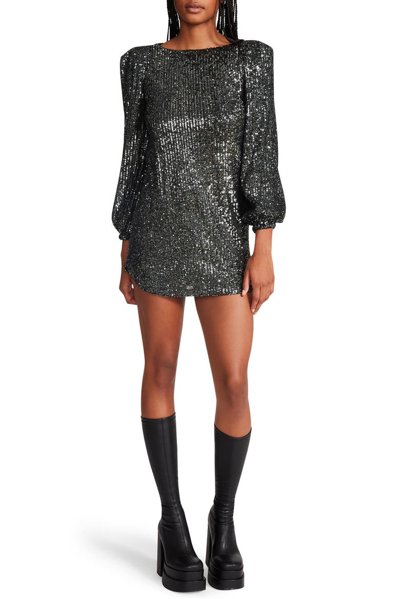 Sequin Long Sleeve Shift Minidress, Main, color, GUNMETAL