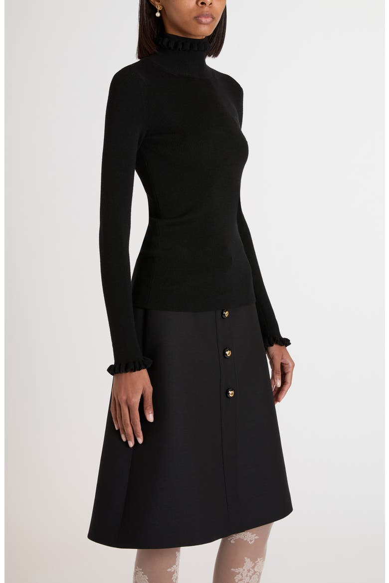 Ruffle Trim Rib Virgin Wool Sweater, Alternate, color, BLACK