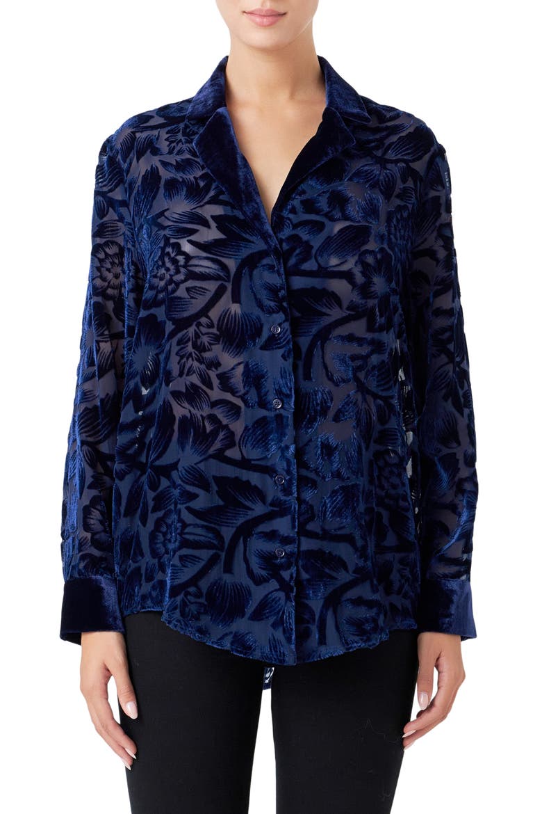 Floral Semisheer Velvet Burnout Long Sleeve Button-Up Shirt, Main, color, NAVY