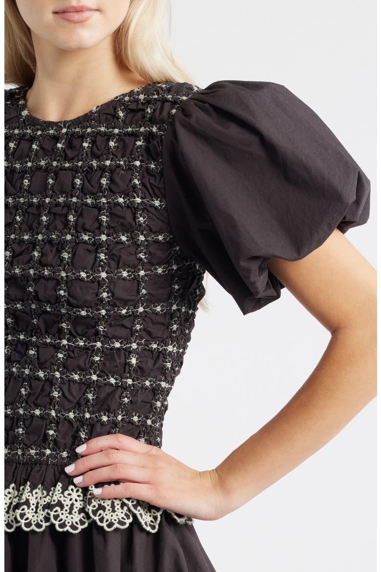 Audrey Smocked Puff Sleeve Organic Cotton Minidress, Alternate, color, BLACK