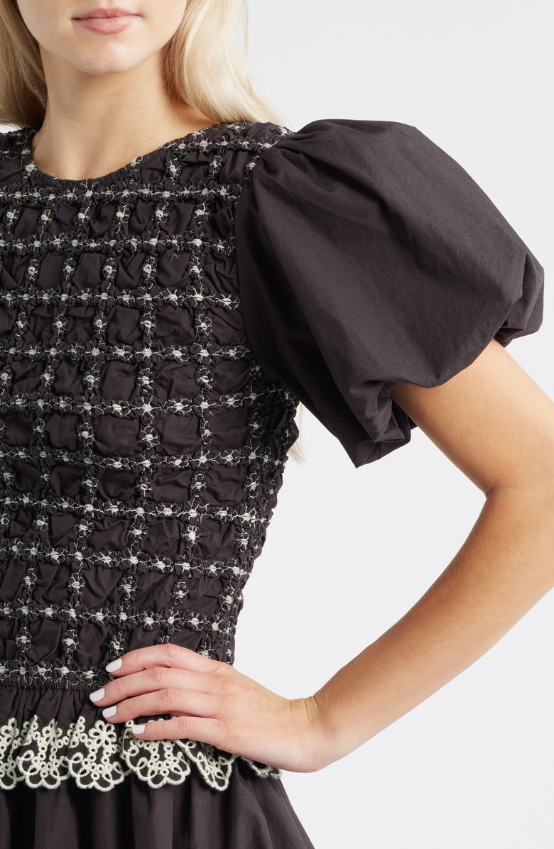 Damson Madder Audrey Smocked Puff Sleeve Organic Cotton Minidress, Alternate, color, Black