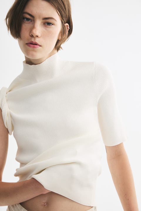 Lyocell-blend Rib-knit Mock Turtleneck Top