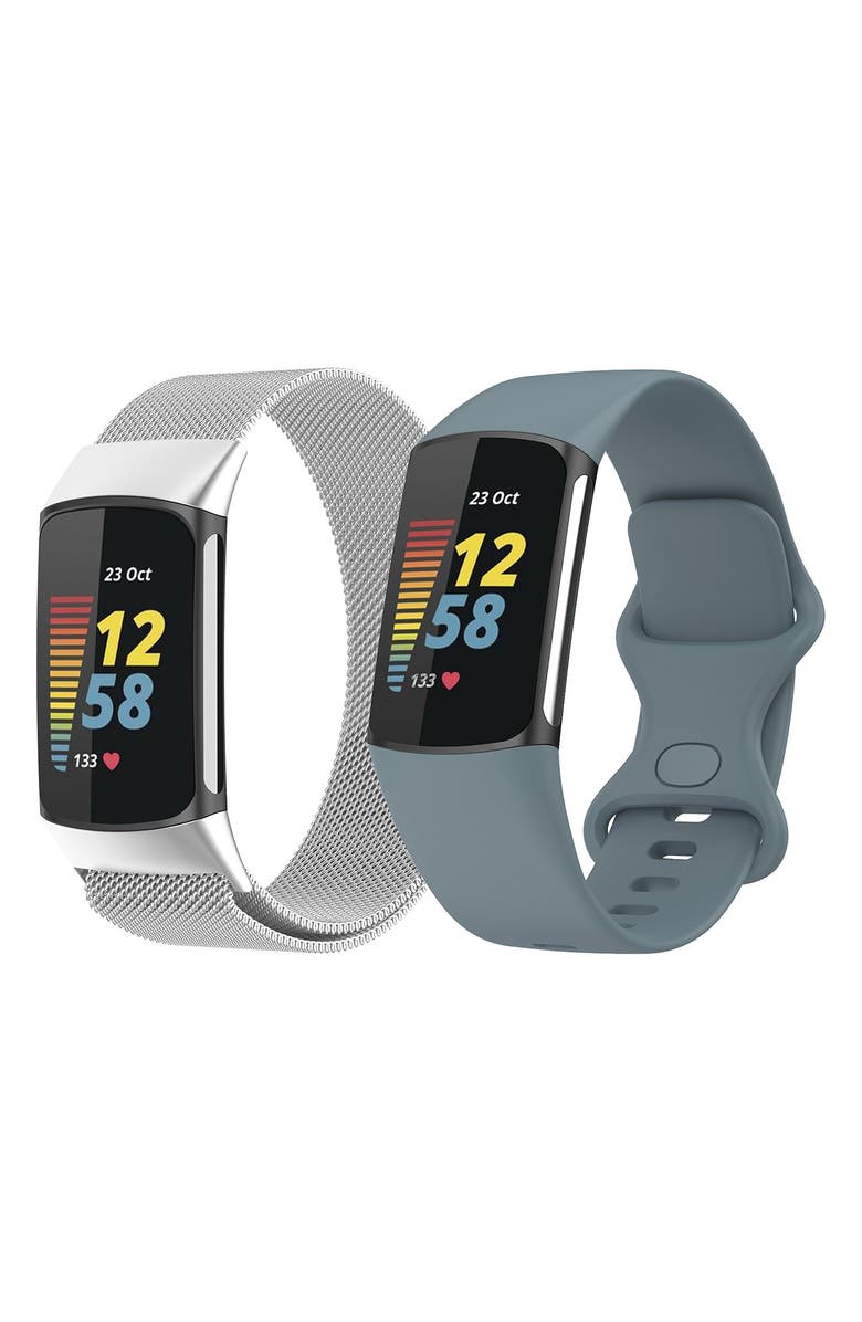 The Posh Tech Assorted 2-Pack Silicone Sport & Stainless Steel Fitbit<sup>®</sup> Watchbands, Main, color, 